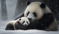 Panda mother and her baby in the snow, Chengdu, China
