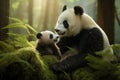 Panda mum with baby sitting in forest together. Generative AI Royalty Free Stock Photo