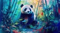 panda nestled among a vibrant watercolor bamboo forest. soft, pastel colors for the bamboo stalks and leaves