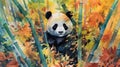 panda nestled among a vibrant watercolor bamboo forest. soft, pastel colors for the bamboo stalks and leaves