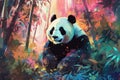 panda nestled among a vibrant watercolor bamboo forest. soft, pastel colors for the bamboo stalks and leaves