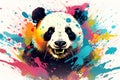 Panda paint splatter illustration on white background. Abstract multicolored panda bear portrait, pop art. Watercolor panda