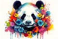 Panda paint splatter illustration on white background. Abstract multicolored portrait of panda with tropic flowers, pop art.