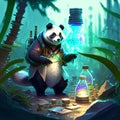 A panda in a panda costume stands on the bank of the river and holds a bottle with a magic potion in his hands. generative AI