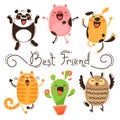 Panda, Pig, Dog, Cat and Owl Best Friends. Isolated Vector Images of Funny Animals and Cactus. Happy Friendship Day