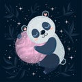 Panda and pink planet isolated on dark background. Royalty Free Stock Photo