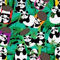 Panda play 3d platform panda cup bamboo seamless pattern Royalty Free Stock Photo