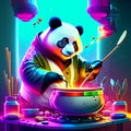 Panda playing magic potion in pot. Cartoon illustration of panda playing magic potion in pot. generative AI