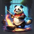 Panda playing a wooden flute in front of a fire. AI Generated