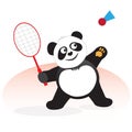 Panda plays a sports game with a racket.