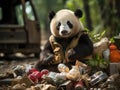 Panda recycling trash in park