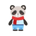 Panda In Red Scarf And Blue Pants Cute Toy Baby Animal Dressed As Little Boy