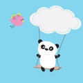 Panda ride on the swing. Cloud shape. Flying pink bird. Cute fat cartoon character. Kawaii baby collection. Love card. Flat design