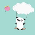 Panda ride on the swing. Cloud shape. Flying pink bird. Cute fat cartoon character. Kawaii baby collection. Love card. Flat design