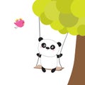 Panda ride on the swing. Green tree. Flying pink bird. Cute fat cartoon character. Kawaii baby collection. Love card. Flat design.