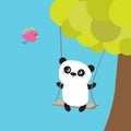 Panda ride on the swing. Green tree. Flying pink bird. Cute fat cartoon character. Kawaii baby collection. Love card. Flat design. Royalty Free Stock Photo