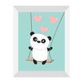 Panda ride on the swing. Pink flying hearts. Cute fat cartoon character. Kawaii baby collection. Picture frame. Love card. Flat de