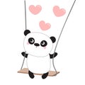 Panda ride on the swing. Pink flying hearts. Happy Valentines day symbol. Cute fat cartoon character. Kawaii baby collection. Love