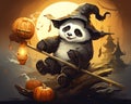 panda riding a broom.