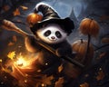 panda riding a broom.