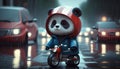 Panda riding a motorcycle in the rain. 3d illustration.