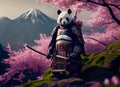 panda samurai and cherry blossoms on the mountain.