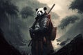 Panda samurai in mountain landscape, AI generated illustration