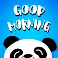 Panda says Good Morning. Vector. Cartoon bear on blue background