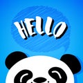 Panda says Hello. Cartoon bear on blue background. Vector