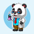 The panda scientist holding the liquid and use the laboratory coat