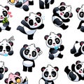 Panda seamless pattern. Cute little bamboo bears, funny china animals with different gestures, kids wallpaper art design