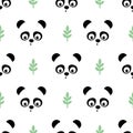 Panda seamless pattern with green twigs. Cute vector background with baby animal panda.