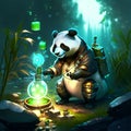 A panda sits on a stone and holds in his hand a flask with a magic potion. Generative AI Royalty Free Stock Photo