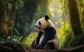 A panda sitting down and staring in a bamboo forest, generative AI