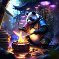 Panda sitting on the fire and playing Chinese chess. 3D rendering AI generated