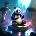 Panda sitting on the rock and meditating. Cartoon illustration. AI Generated