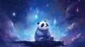 panda sitting under a starry night sky. dark blues and purples for the sky, the panda with a subtle, dream-like effect