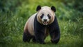 Panda standing in a grassy area looking alert, typical black and white fur pattern