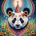 A panda with surreal mystical spirit animal, greeting card.