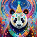 A panda with surreal mystical spirit animal, greeting card.