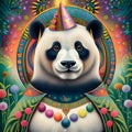 A panda with surreal mystical spirit animal, greeting card.