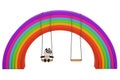 A panda in a swing under the rainbow ,3D illustration.
