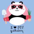 Vector illustration of a cute cartoon panda bear in glasses with shovel and onion signed I love my garden