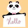 Vector illustration of a cute cartoon panda bear in a bow tie with banner saying hello