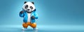 Panda in tracksuit and sports sneakers on a blue background. Anthropomorphic animals. Banner