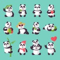 Panda vector bearcat or chinese bear with bamboo in love playing or sleeping illustration set of giant panda reading