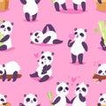 Panda vector bearcat or chinese bear with bamboo in love playing or sleeping illustration set of giant panda reading