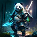 A panda warrior in armor with a sword in his hand. Vector illustration. AI generated