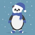 Panda wearing a santa claus hat. Teddy bear in mittens and socks. Blue hat of Santa Claus. Winter illustration Royalty Free Stock Photo