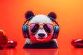 Panda wearing stylish headphones, perfect for a fun and creative t-shirt design. Ai generated